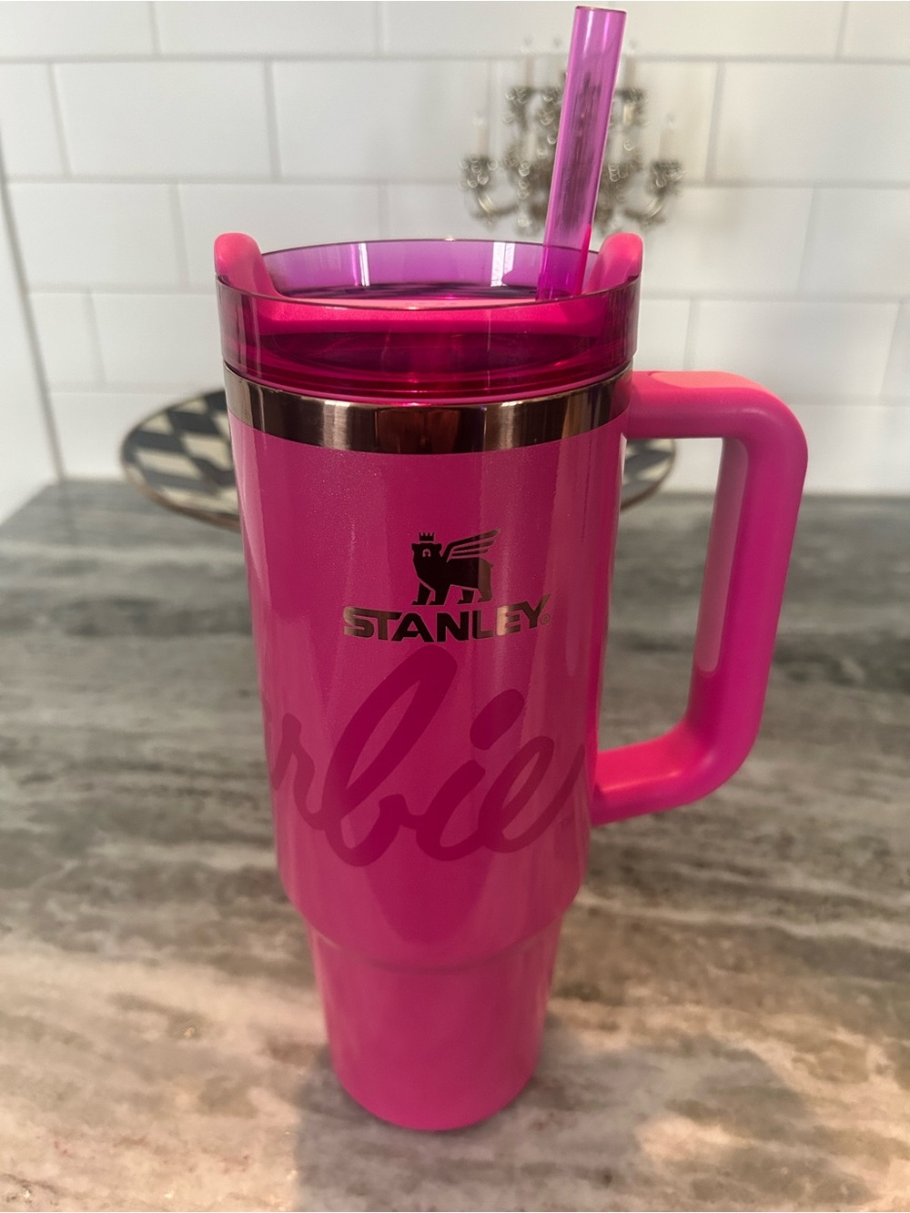 Stanley Pink Insulated Travel Tumbler with Straw and Handle